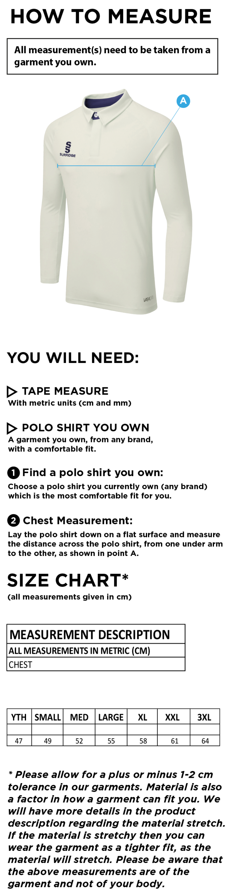 Ergo Long Sleeve Cricket Shirt - Youth - Size Guide