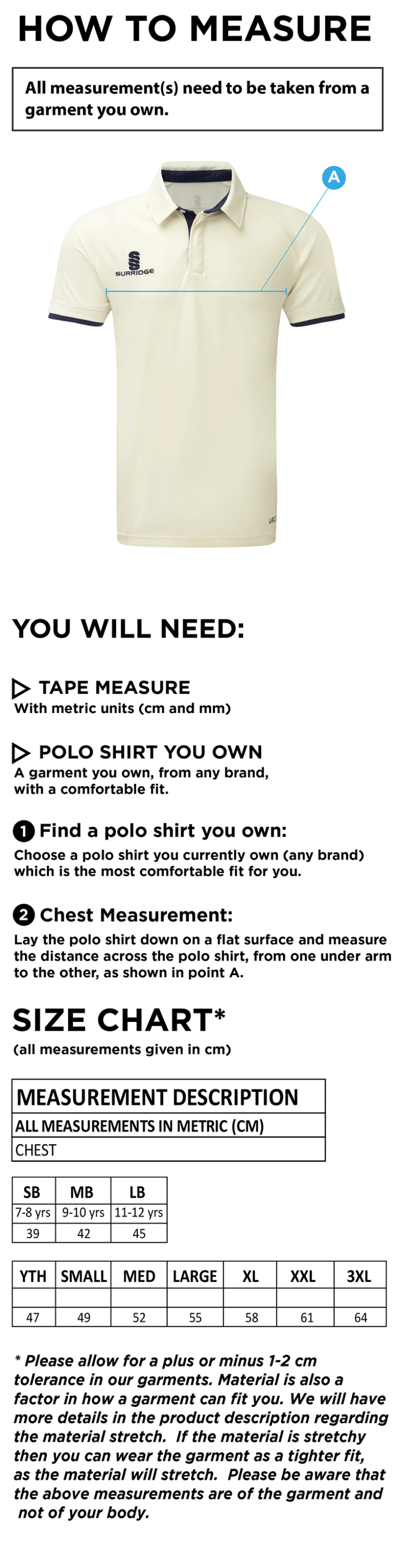 Ergo Short Sleeve Cricket Shirt - Senior - Size Guide