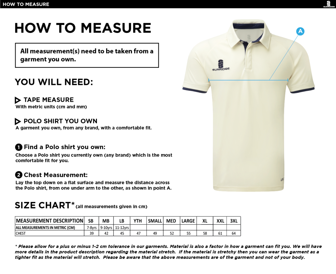 Ergo Short Sleeve Cricket Shirt - Senior - Size Guide