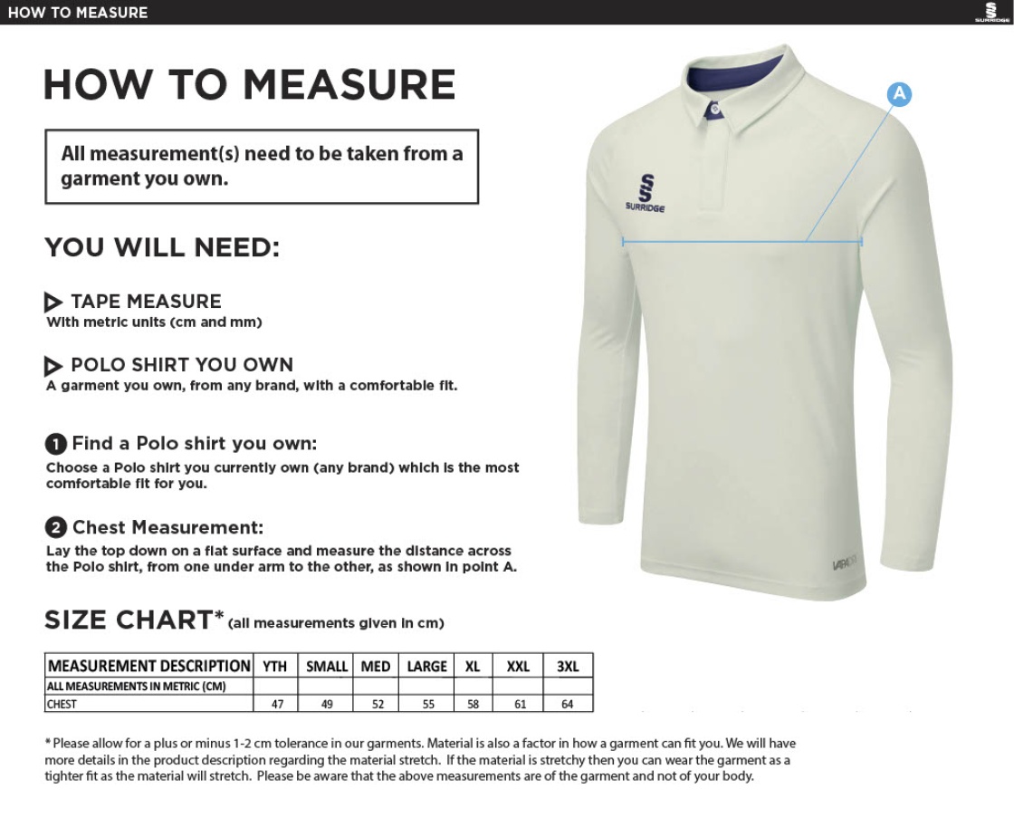 Ergo Long Sleeve Cricket Shirt - Youth - Size Guide